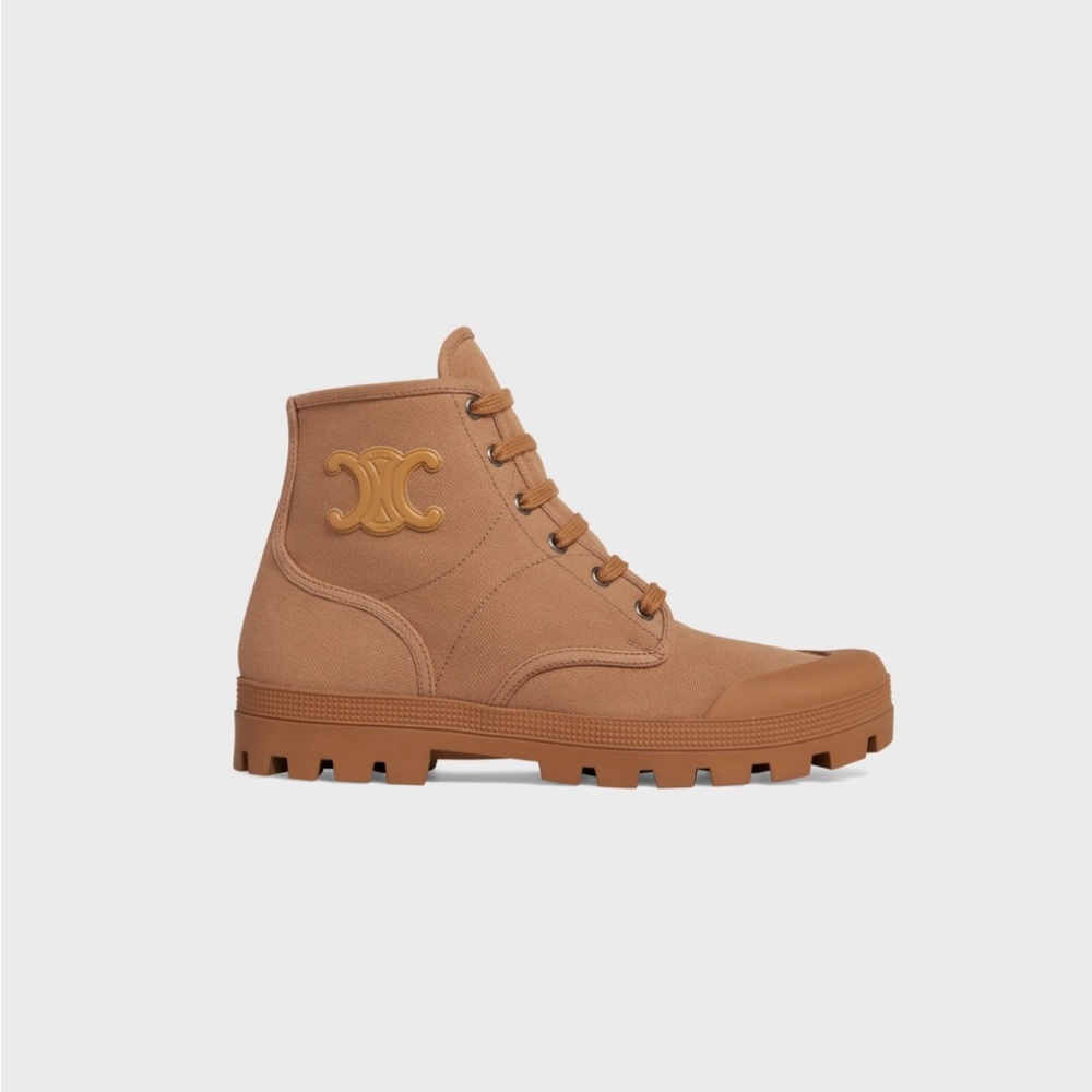 Celine Patapans canvas Lace Up Boot with Triomphe patch in tan, size 8 (38)